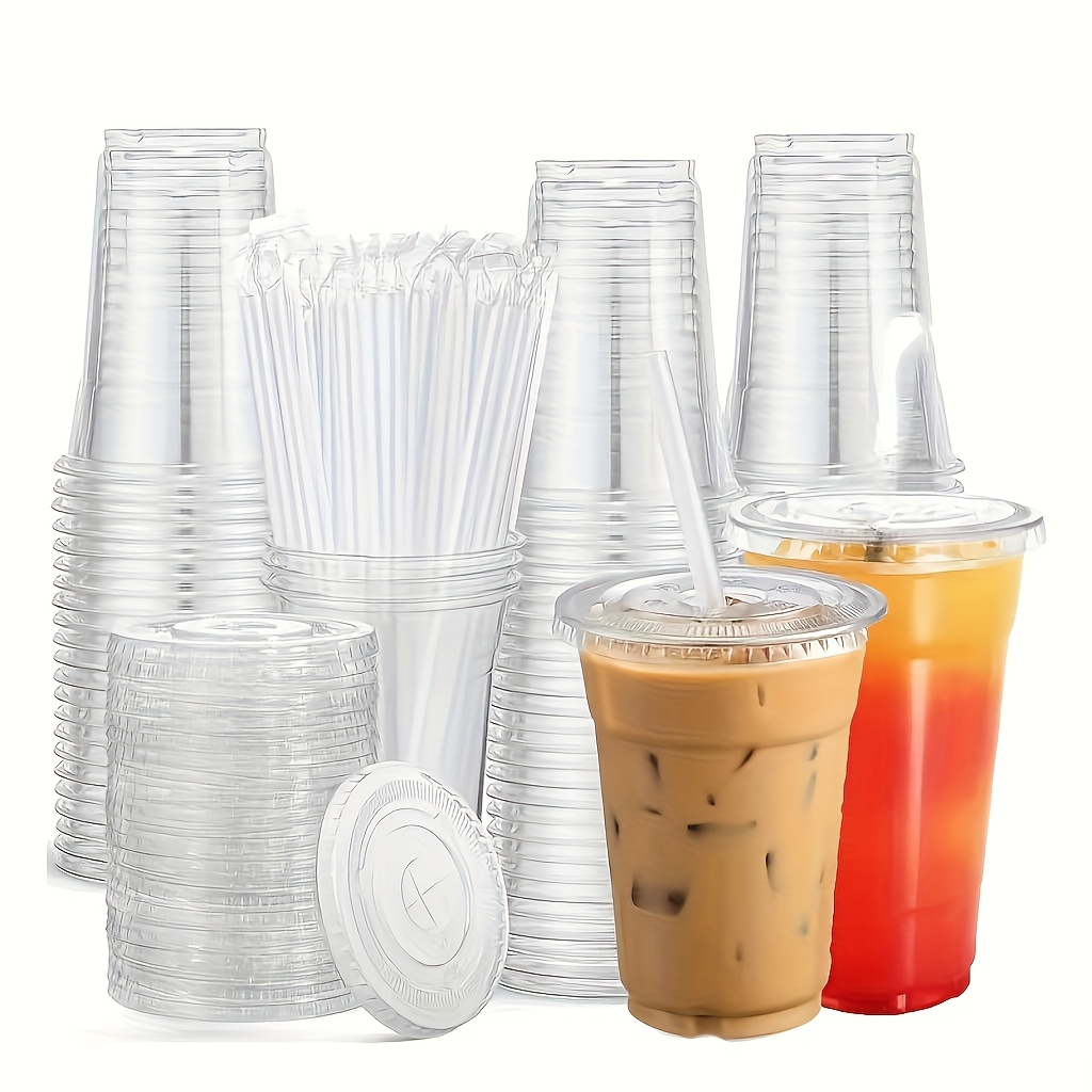 Event & Party Supply - 透明なプラスチック製のカップ。平らな蓋とストロー付きで、繰り返し使用可能。アイスクリームやアイスコーヒー、休暇中のイベント、キャンプ、パーティーなどに最適。