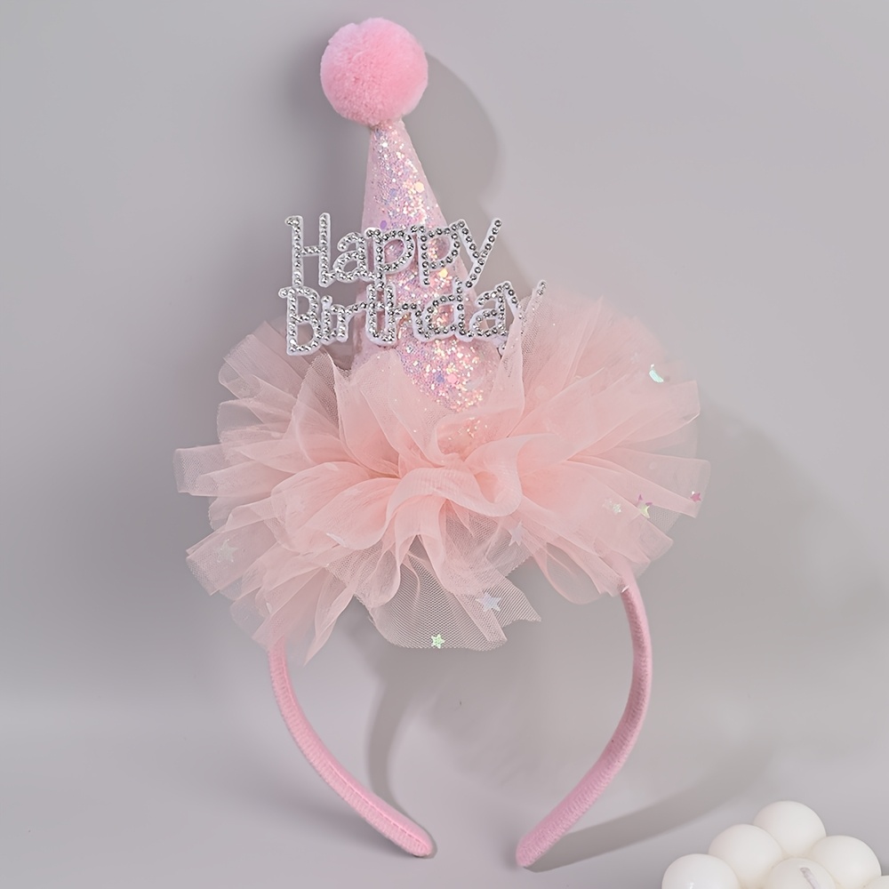 Party Hat Cone - プリンセス風の誕生日用ラインストーンヘアフープ。キラキラと輝くポンポンとチュールのコーン型帽子が付いたヘッドバンド。パーティー、写真撮影、ハロウィン、クリスマスに最適。
