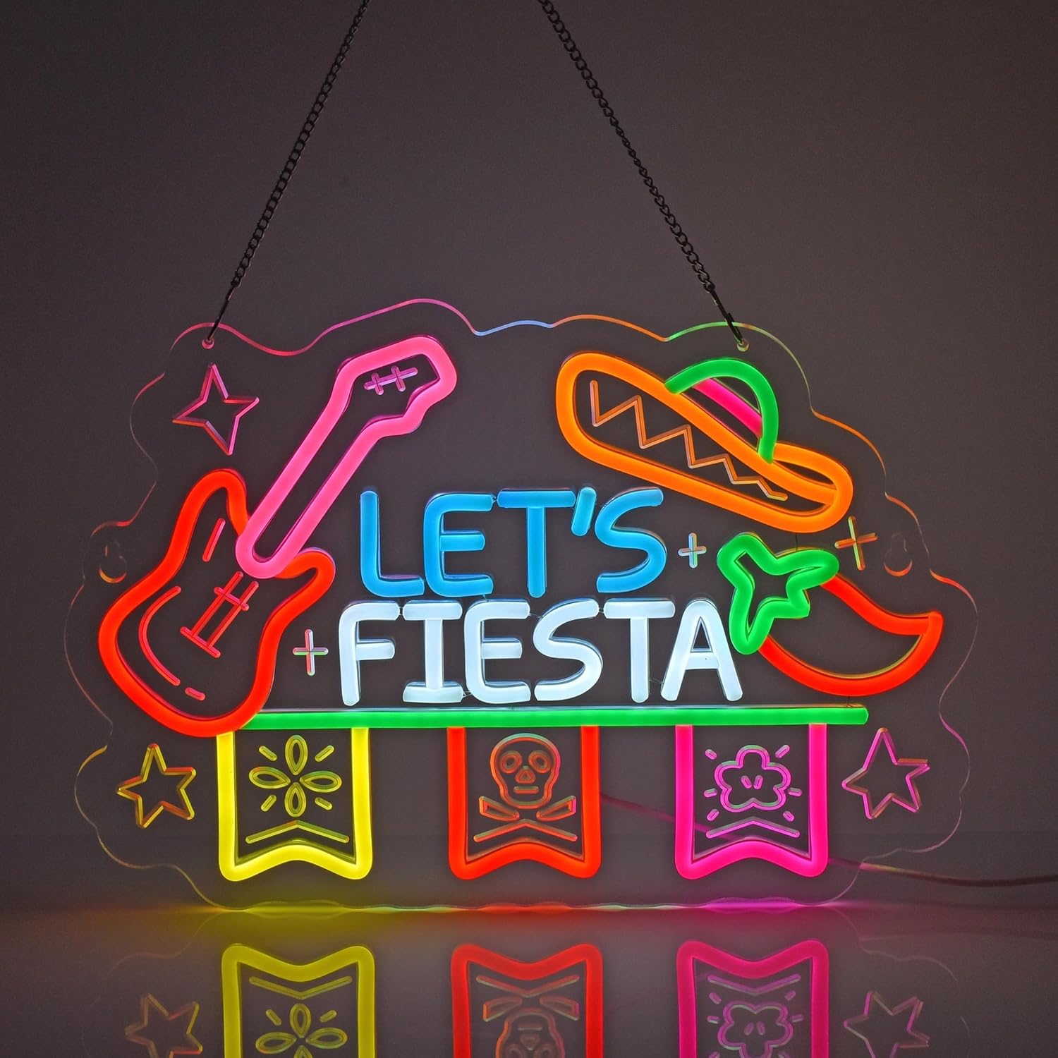Neon Sign Party - 「レッツ・フィエスタ」のネオンサイン。メキシコ料理店、ラテンバー、パーティー、タコス専門店、フードトラック、男性の趣味の部屋、家庭用の壁掛け装飾として最適。
