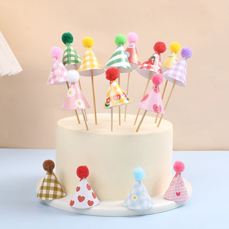 Party Hat Cone - 30個入り ミニパーティーハット ケーキトッパー カラフルなポンポン付き コーン型 カップケーキデコレーション