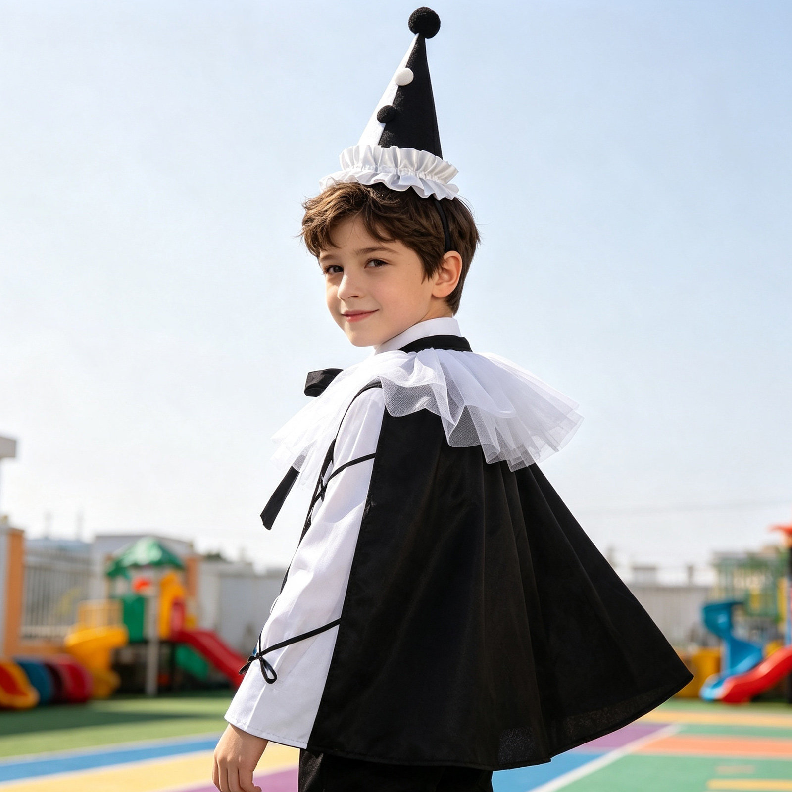 Party Hat Cone - 1組のピエロの仮装セット。円錐形の帽子、水玉模様の襟、ケープ。ヴィンテージスタイルで、サーカスパーティー、コスプレ、ハロウィーンの衣装アクセサリーに最適。