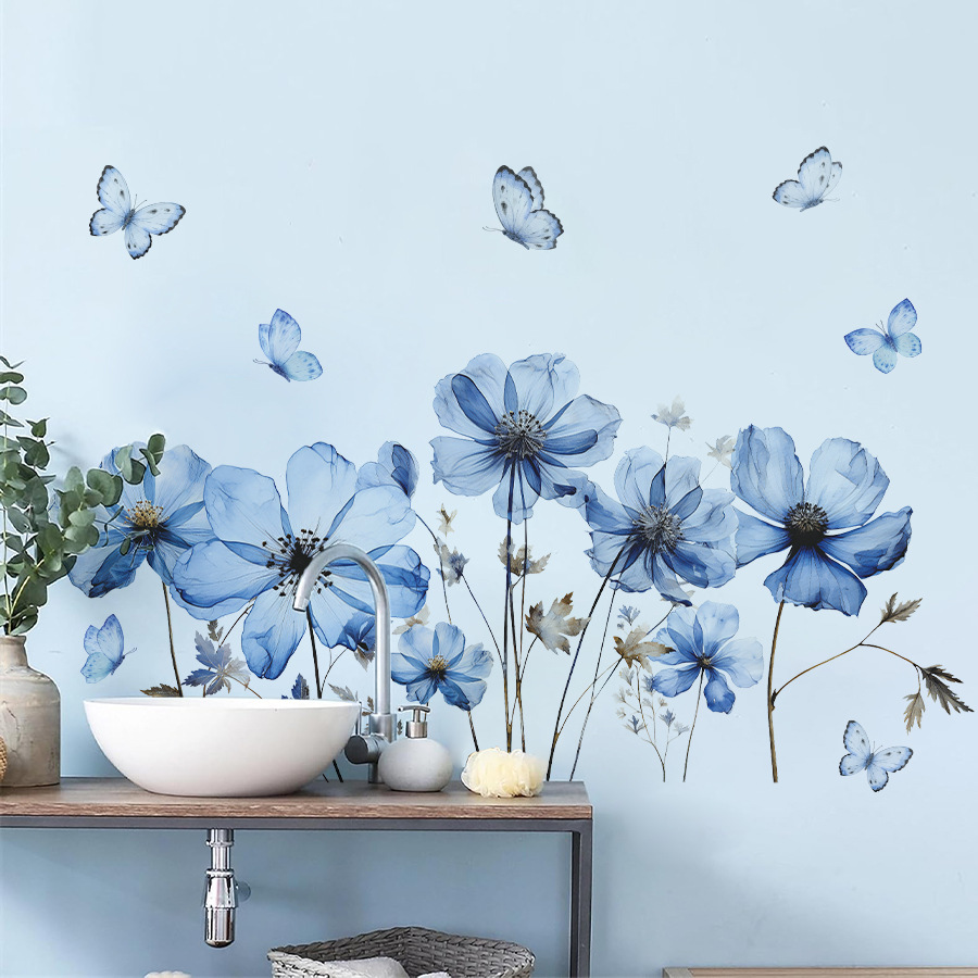 新鮮な青い蝶と花のウォールステッカー、寝室、リビングルーム、 - Flower Wall Panel のレビューと価格