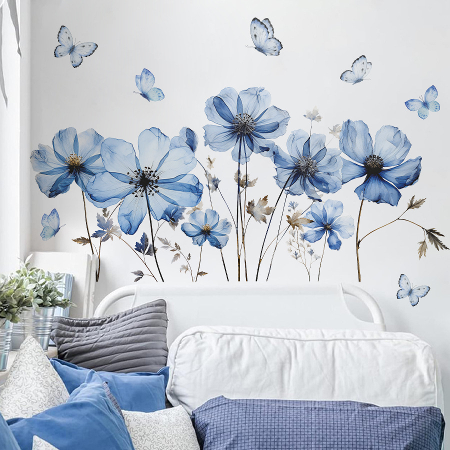 新鮮な青い蝶と花のウォールステッカー、寝室、リビングルーム、 - Flower Wall Panel のレビューと価格