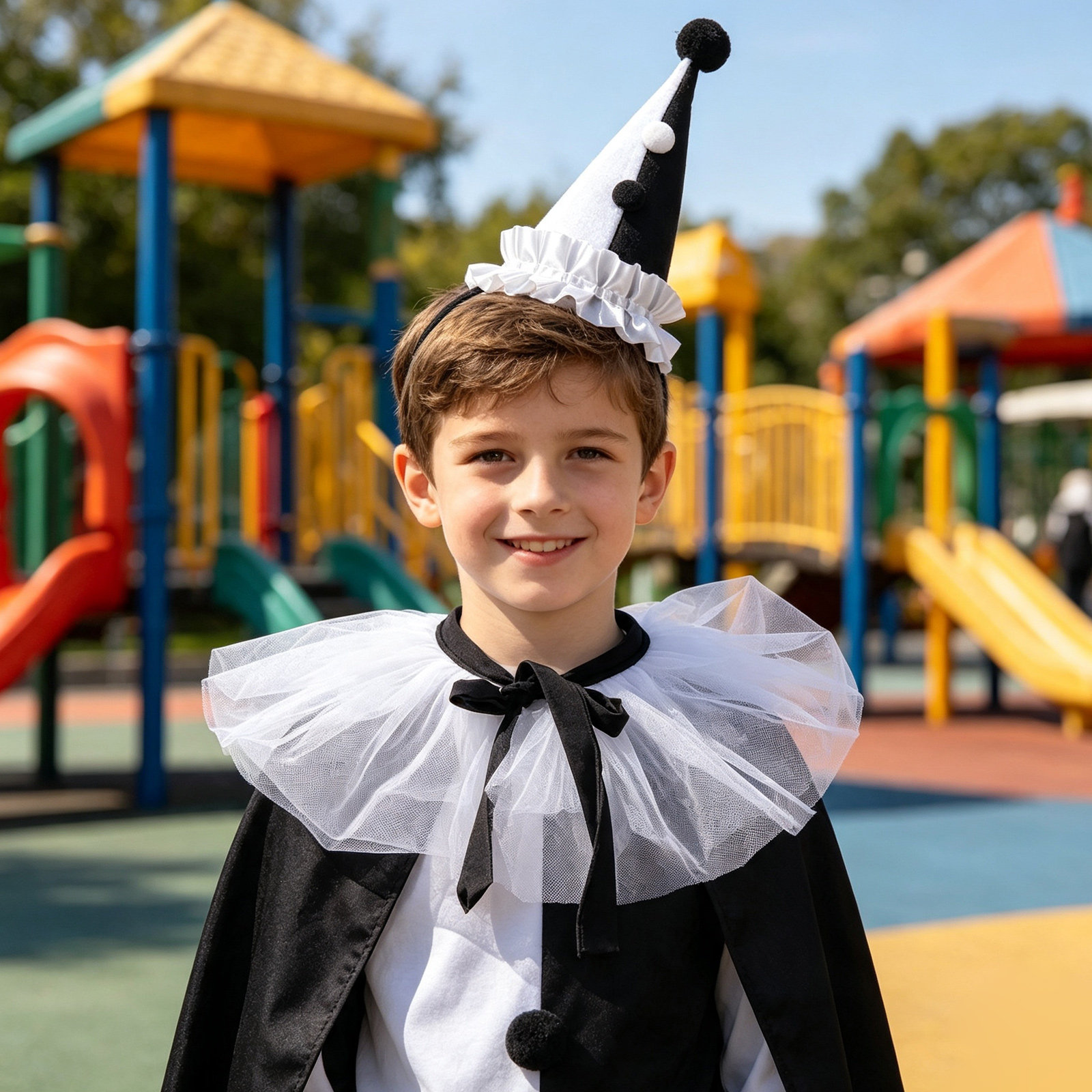 1組のピエロの仮装セット。円錐形の帽子、水玉模様の襟、ケープ - Party Hat Cone のレビューと価格